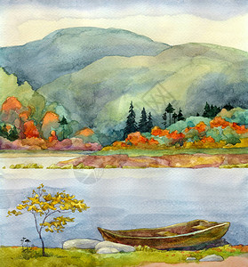 乡村 山 水五颜六色的充满活力的手绘水彩素描画在纸背景上插画