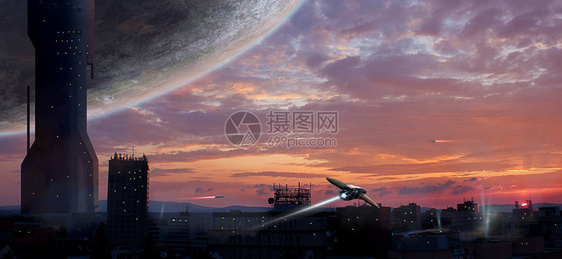 具有行星和宇宙飞船的Scifi城市照片操纵美国航天图片