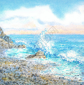 翡翠石头水彩海景在岩石海岸的插画