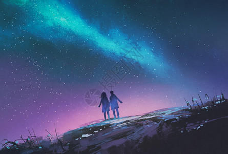 年轻夫妇牵站在银河系插图画图片