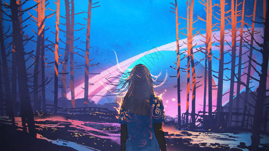 独自一人在森林中站立着一个女人有着虚幻的行星背景数字艺术图片