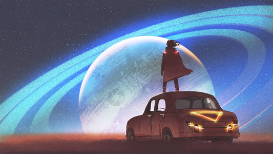 一个人站在一辆旧车上看着行星的夜幕环在地平线上数字艺术风图片