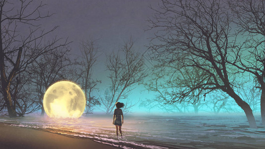 年轻女子的夜景看着湖上坠落的月亮数字艺术图片