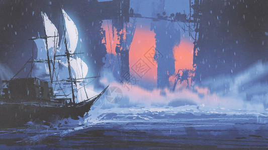 在海洋波浪上航行的帆船驶入废弃城市数字艺术风背景图片