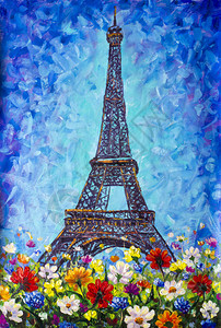 蓝色背景手工调色刀油画浪漫的埃菲尔铁塔与春天的花朵福图片