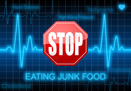 停止吃垃圾食品在蓝色心率监测仪上对心脏病不健康饮食图片