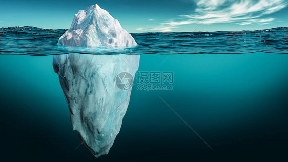 冰山及其可见的脚尖和水下或水下部分漂浮在海洋中3图片
