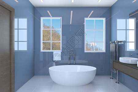 带两个洗脸盆和大窗户的蓝色浴室3D渲染背景图片