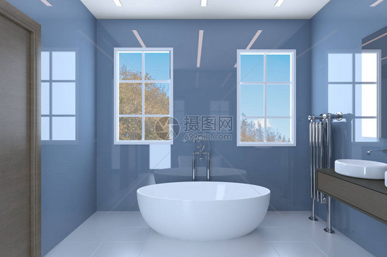 带两个洗脸盆和大窗户的蓝色浴室3D渲染图片