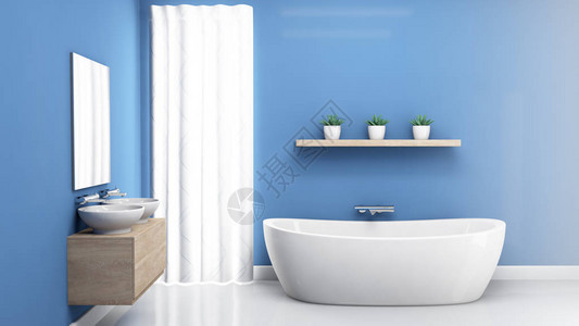 一间有蓝色墙壁的浴室内图片