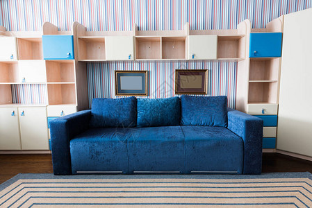 客厅蓝色沙发和木制壁橱的近景图片