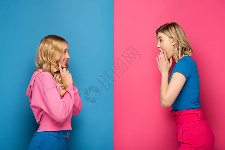 双面的景色是震撼和笑金发姐妹们以粉红和蓝色图片