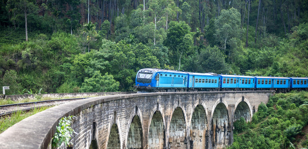 在斯里兰卡德莫达拉的九大拱桥上通过火车图片