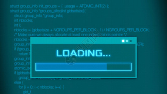 带有背景源代码的计算机屏幕和带有进度栏程序或黑客概念3dGea图片