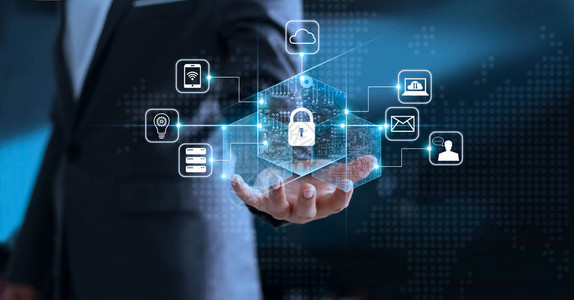 数据保护隐私概念GDPR欧盟网络安全网络保护他的数据个人信息的商人挂锁图标和虚拟接口蓝色背景上的互联网背景图片