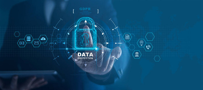 商人在平板电脑和虚拟界面上保护数据个人信息数据保护隐私概念GDPR欧盟网络安全网络数字背景上的挂锁图标和互联网背景图片