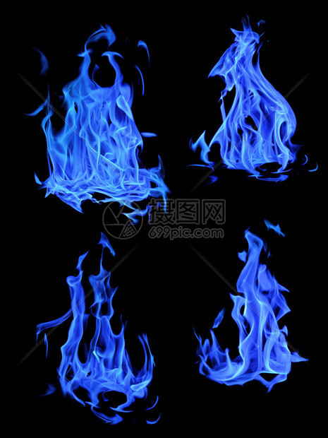 在黑色背景上隔离的一组蓝色火焰图片