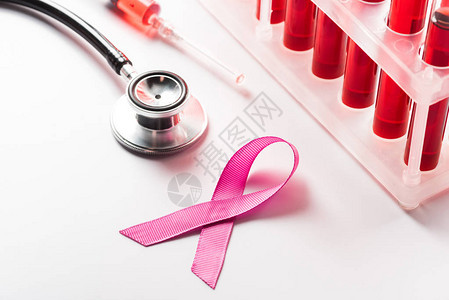 关闭乳腺癌意识丝带听诊器和图片