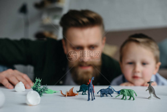 父亲和可爱的小儿子在家里一起看着桌面上排列好的玩具恐龙图片