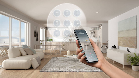 手机应用程序上的智能家居技术接口增强现实物联网现代厨房的室内设计与连接的对象女图片