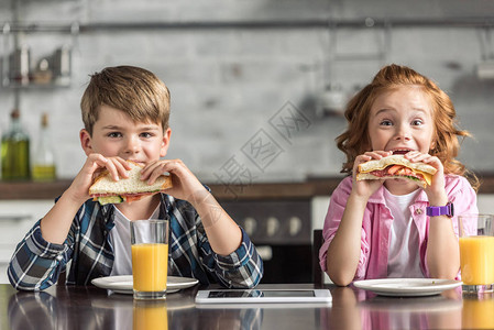 可爱的弟妹吃三明治看着相机图片