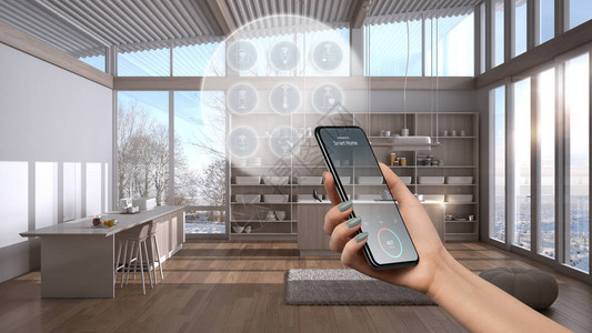 手机应用程序上的智能家居技术接口增强现实物联网现代厨房的室内设计与连接的对象女图片