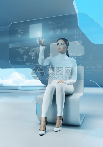 未来技术触摸屏界面在高科技内部的女孩触摸屏界面商务女士在未来派办公室图片