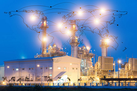 暮光中的炼油厂与工业厂和基础设施背景的网络和物理系统图标图片