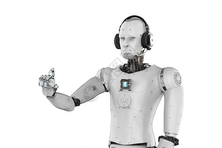 3d渲染机器人戴着耳机和手指向图片
