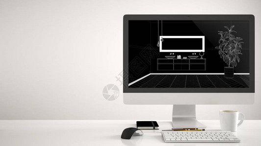 建筑师住宅项目概念白色背景台式电脑显示CAD草图的办公桌带洗脸盆室内设背景图片