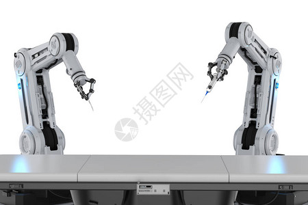 具有白色背景手术灯的3D渲染机器人手术机的图片