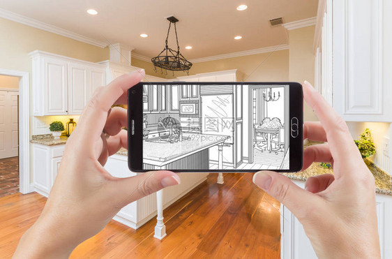 手握智能手机显示图画自定义厨房照片背后图片