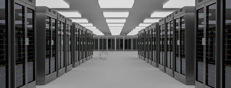 服务器机房云数据中心的服务器机架出门数据中心硬件集群具有存储信息的备份托管大型机场和计算机架3D渲染背景图片