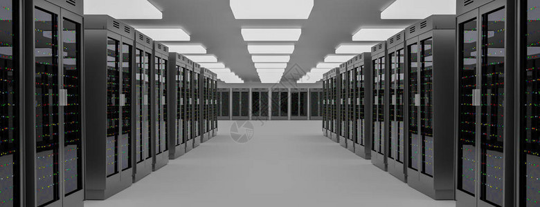 服务器机房云数据中心的服务器机架出门数据中心硬件集群具有存储信息的备份托管大型机场和计算机架3D渲染图片
