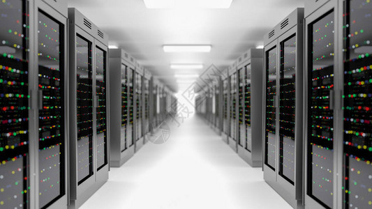 服务器机房云数据中心的服务器机架出门数据中心硬件集群具有存储信息的备份托管大型机场和计算机架3D渲染图片