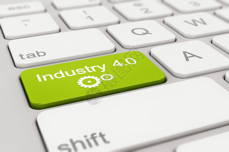 3d配有绿色工业40按钮的白色键图片