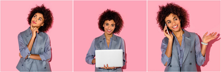 年轻的非洲裔美国女商人在粉红色背景下思考使用笔记本电脑和在智能手机上图片