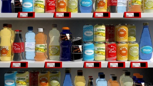 超级市的三维饮料产品套架上的各种图片