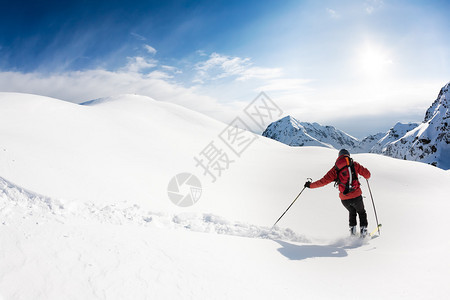 滑雪粉雪中的男滑雪者意大利阿尔图片