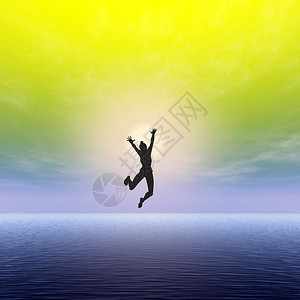 一个快乐的年轻女子跳入水中而自由脱图片