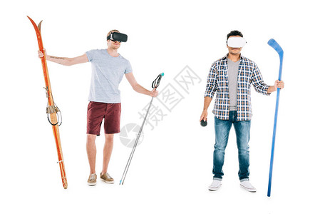 虚拟现实头戴着白色孤立的体育设备的虚拟青年多图片