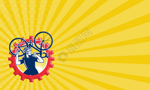 模板显示一名骑自行车的自行车机械师在肩上携带赛车的插图图片