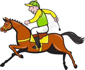 从侧面看卡通马和术骑师比赛的插图背景图片