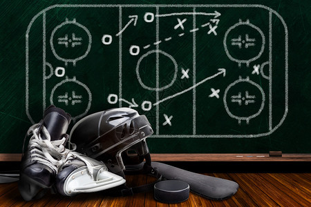 冰球设备包括滑冰鞋头盔棍棒和巴克图片