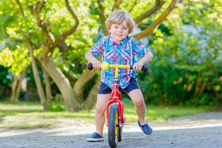 快乐的金发男孩穿着五颜六色的衣服在国内花园里驾驶自行车蹒跚学步的孩子在温暖的夏日做梦和玩乐户外背景图片