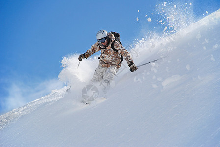 在深雪中滑雪反过来又会掀起雪尘图片