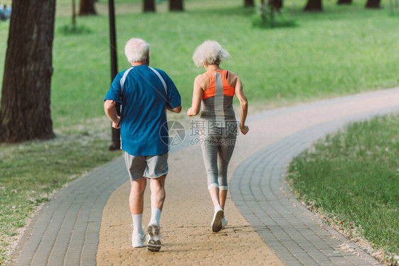 老夫妇在公园小路上慢跑的背影图片