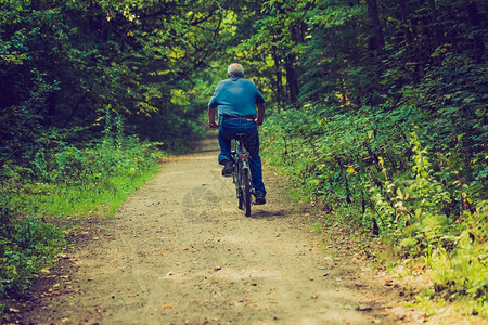 人类骑自行车穿过夏日森林的古老照片森林道路和骑图片