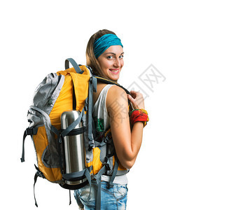背包上白色孤立的旅行女孩图片