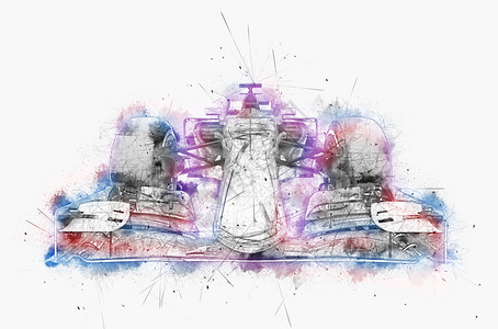 一级方程式赛车水彩墨水数码插画图片